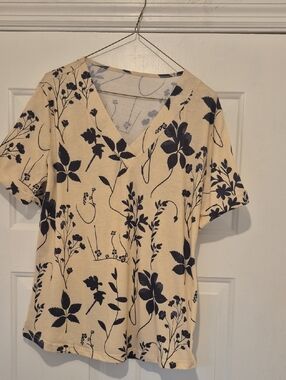 Floral V-Neck Short Sleeve Top - Beige with Black Print
